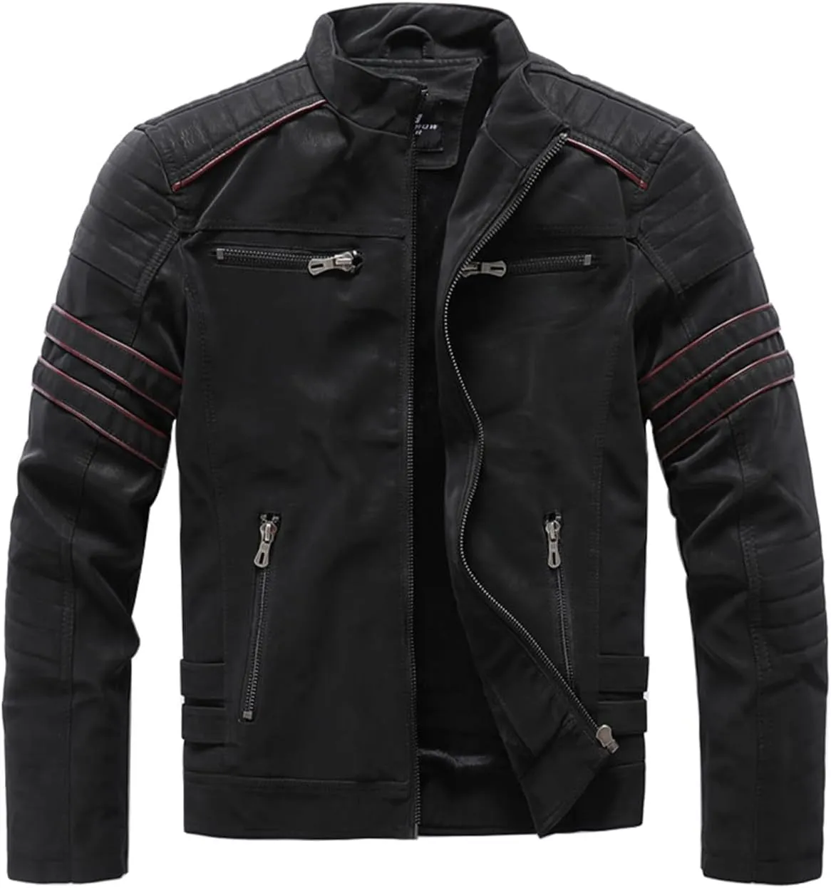 Mens Vintage Faux Leather Jacket PU Leather Motorcycle Jacket Zipper Racer Biker Coat with Multi-Pockets
