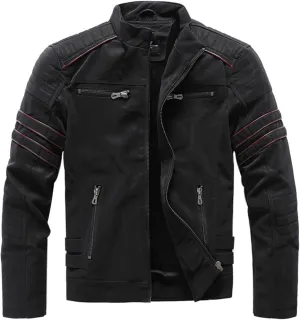Mens Vintage Faux Leather Jacket PU Leather Motorcycle Jacket Zipper Racer Biker Coat with Multi-Pockets