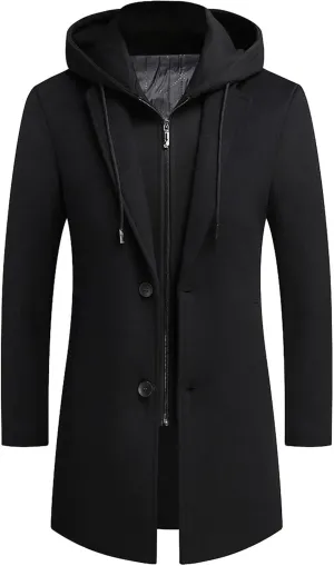 Men's Wool Blend Pea Coat Hooded Zipper Warm Cardigan Knitted Coat Jacket Notched Lapel Belt Fall Windproof Coat