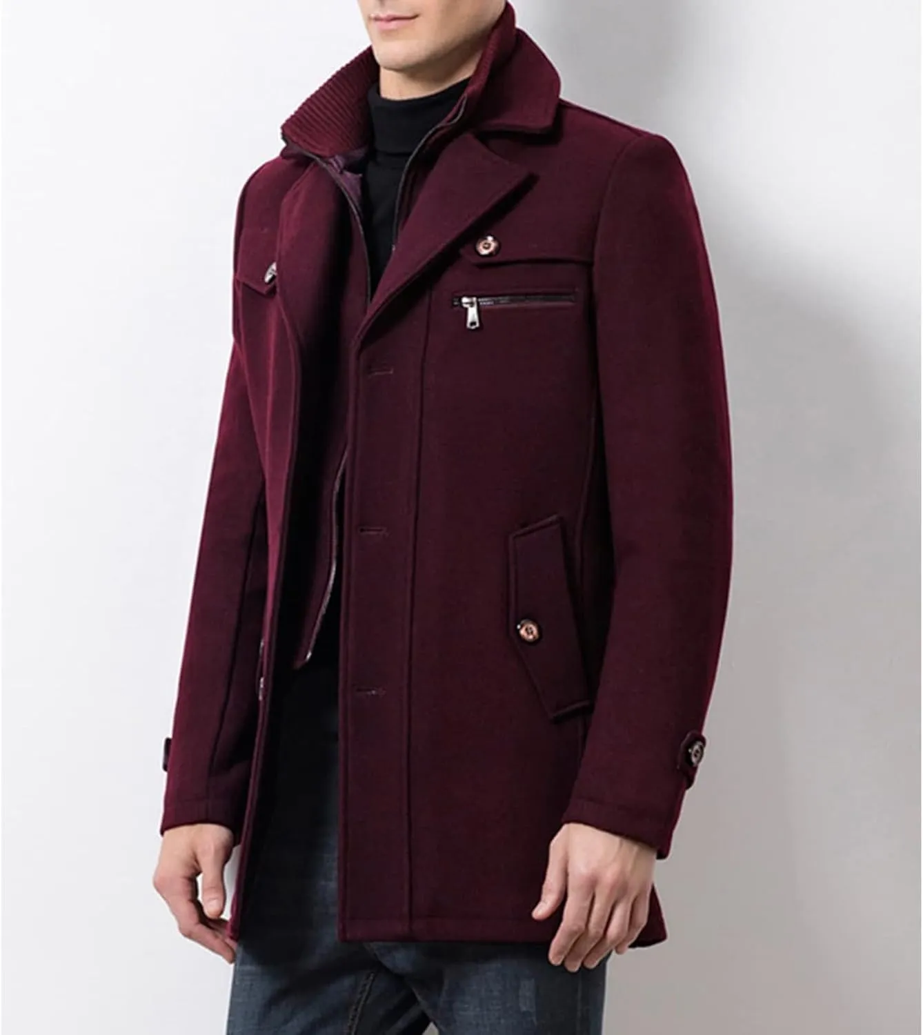 Men's Wool Blend Pea Coat Warm Winter Trench Coat Wool Jacket Windbreaker Collar Single Breasted Overcoat
