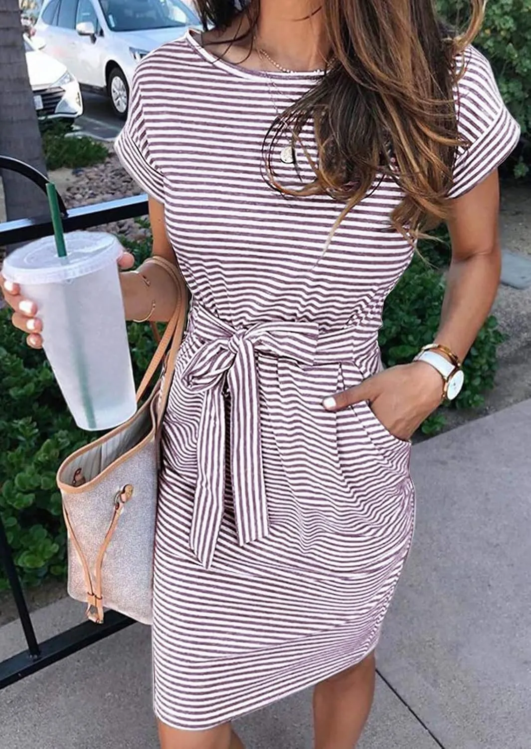 MEROKEETY Women's Summer Striped Short Sleeve T Shirt Dress Casual Tie Waist with Pockets