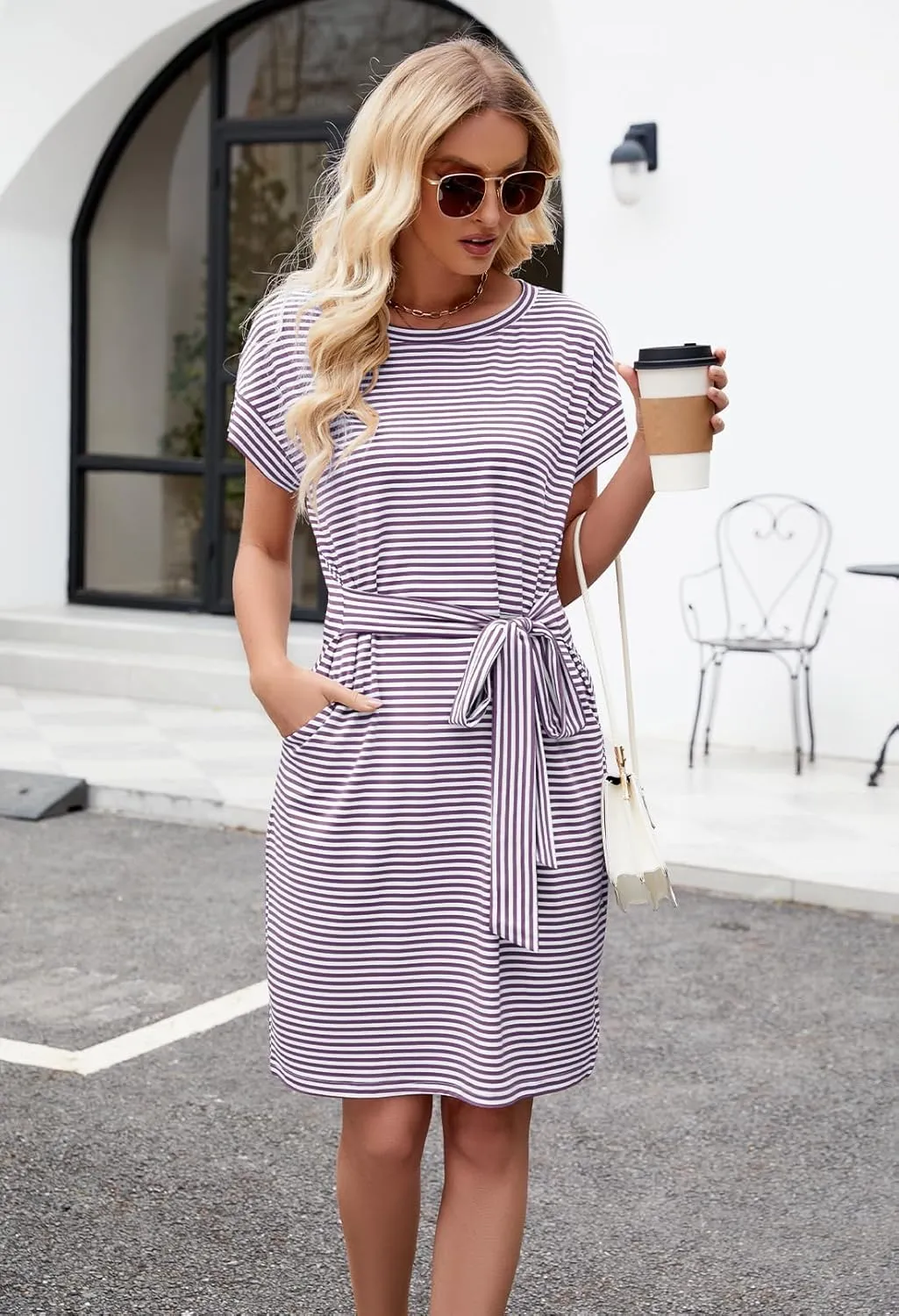 MEROKEETY Women's Summer Striped Short Sleeve T Shirt Dress Casual Tie Waist with Pockets