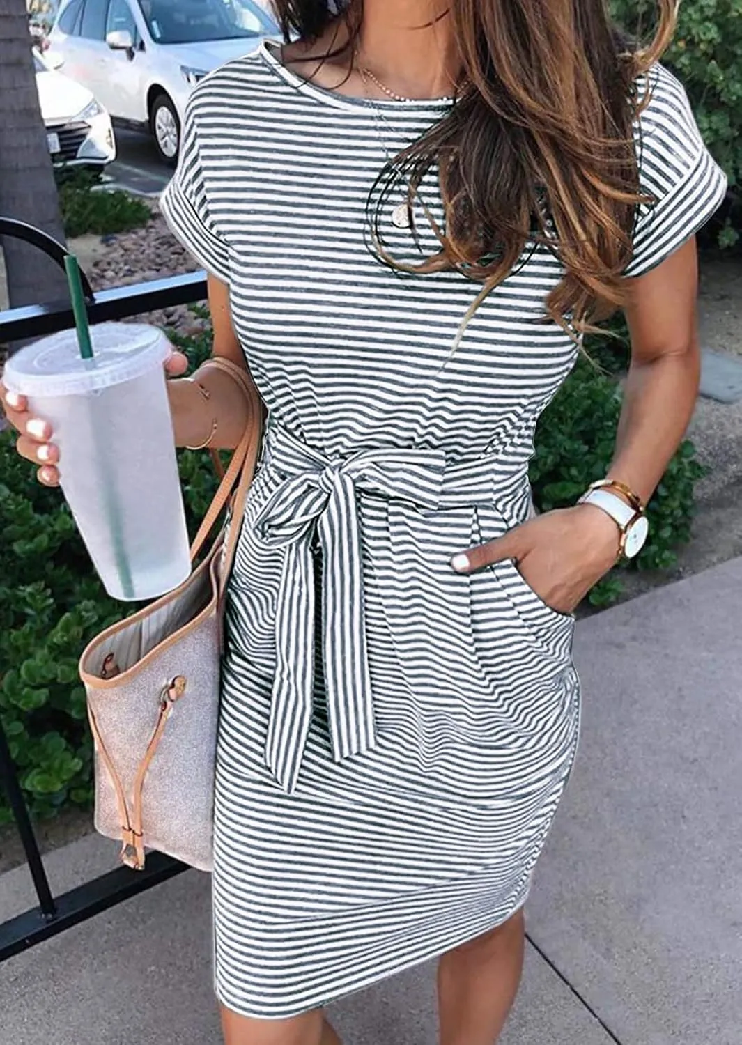 MEROKEETY Women's Summer Striped Short Sleeve T Shirt Dress Casual Tie Waist with Pockets