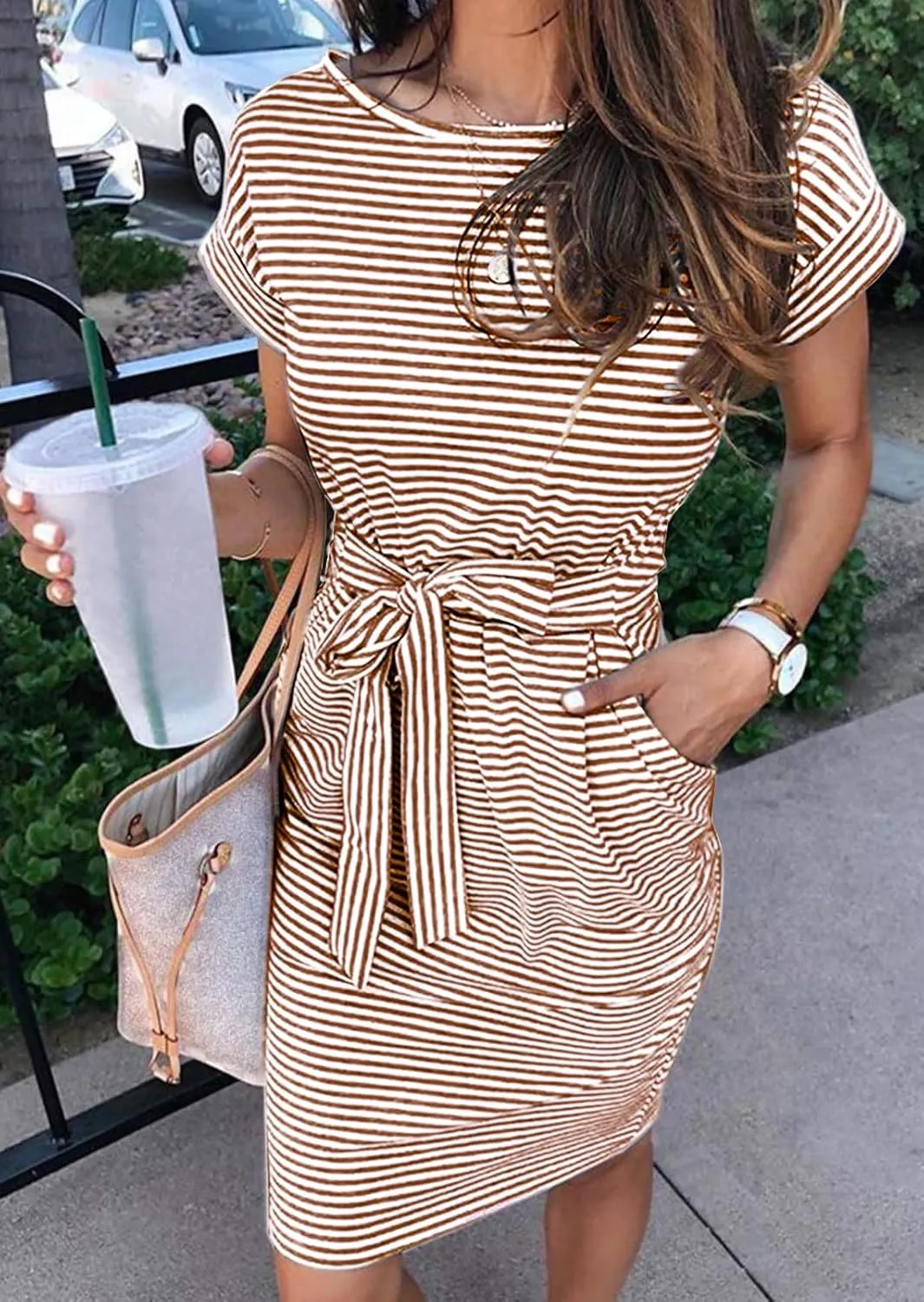 MEROKEETY Women's Summer Striped Short Sleeve T Shirt Dress Casual Tie Waist with Pockets