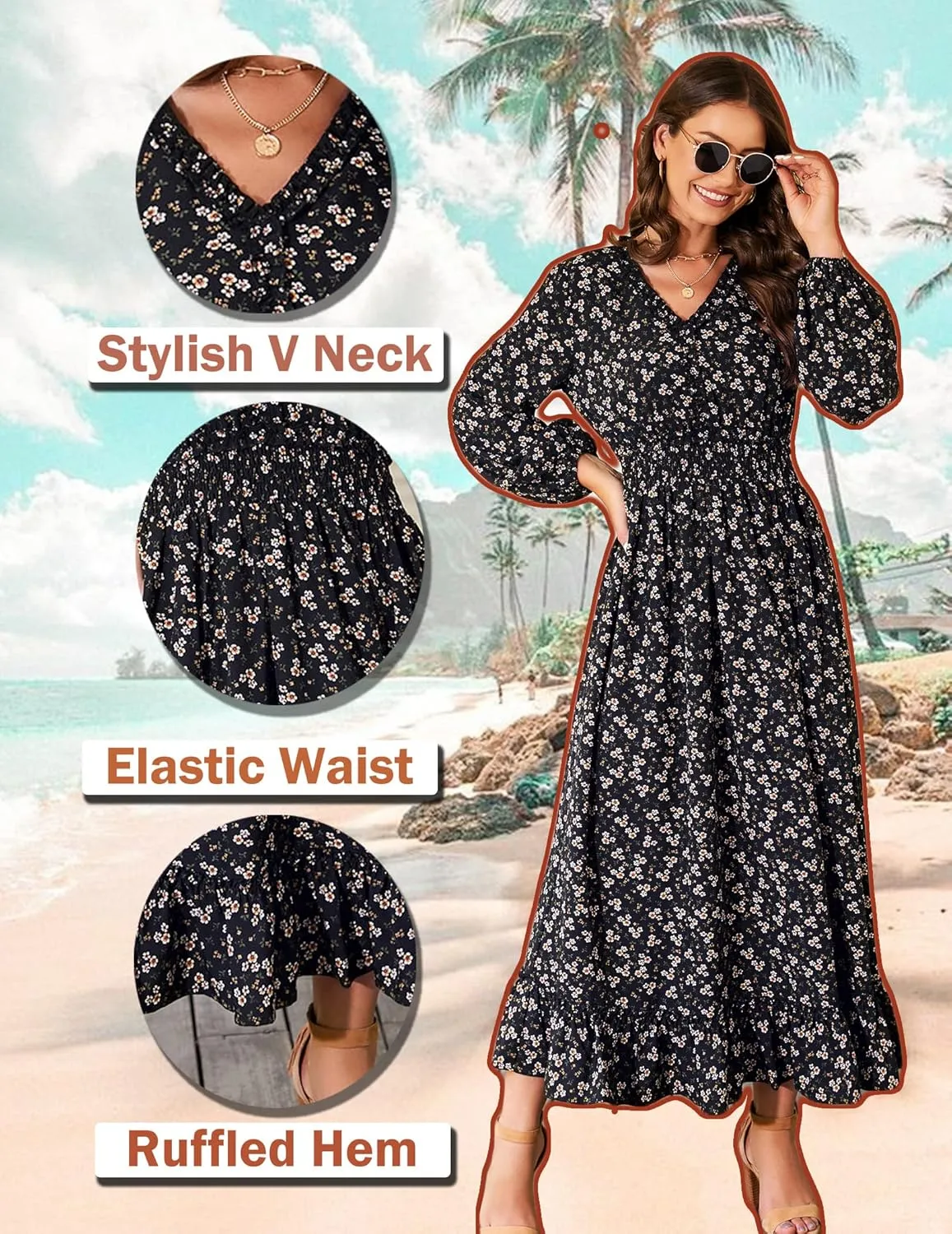 MISSKY Casual V Neck Boho Floral Print Wedding Guest Maxi Dresses for Women Bohemian Flowy Maxi Dress