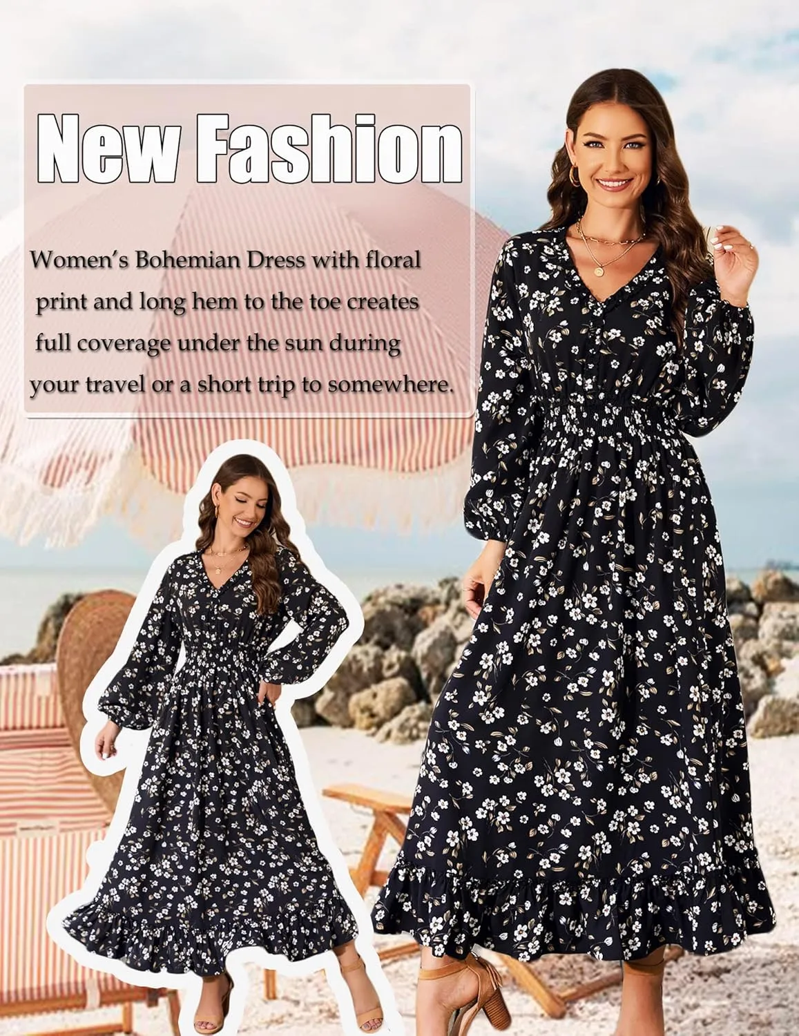 MISSKY Casual V Neck Boho Floral Print Wedding Guest Maxi Dresses for Women Bohemian Flowy Maxi Dress