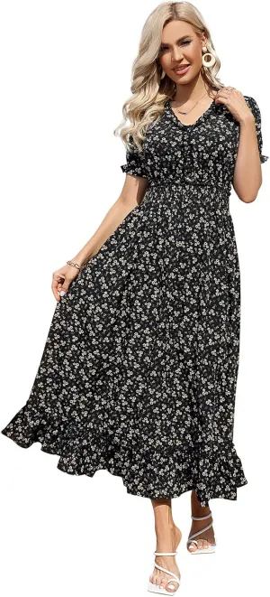 MISSKY Casual V Neck Boho Floral Print Wedding Guest Maxi Dresses for Women Bohemian Flowy Maxi Dress