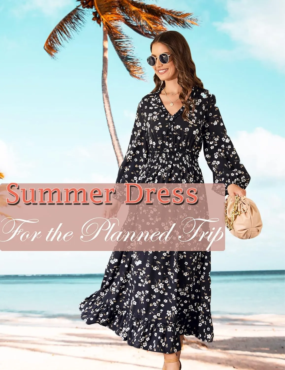 MISSKY Casual V Neck Boho Floral Print Wedding Guest Maxi Dresses for Women Bohemian Flowy Maxi Dress
