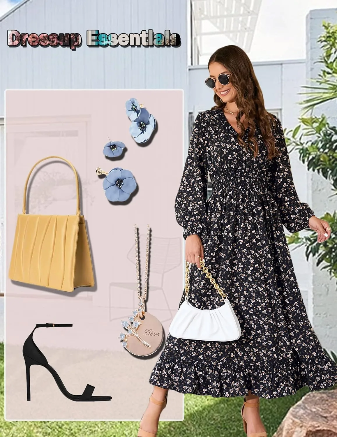 MISSKY Casual V Neck Boho Floral Print Wedding Guest Maxi Dresses for Women Bohemian Flowy Maxi Dress