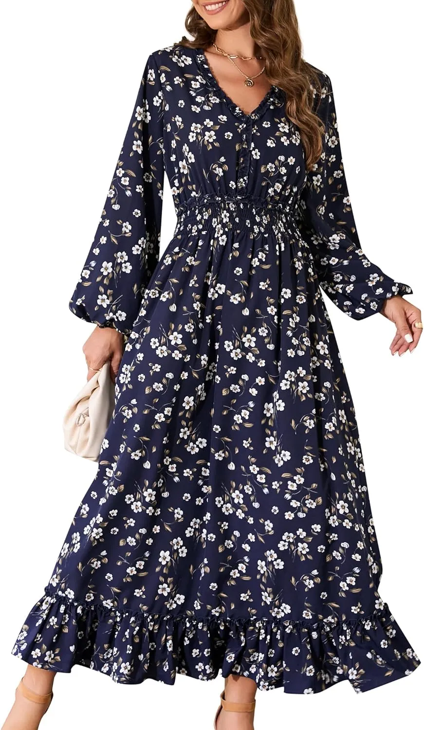 MISSKY Casual V Neck Boho Floral Print Wedding Guest Maxi Dresses for Women Bohemian Flowy Maxi Dress