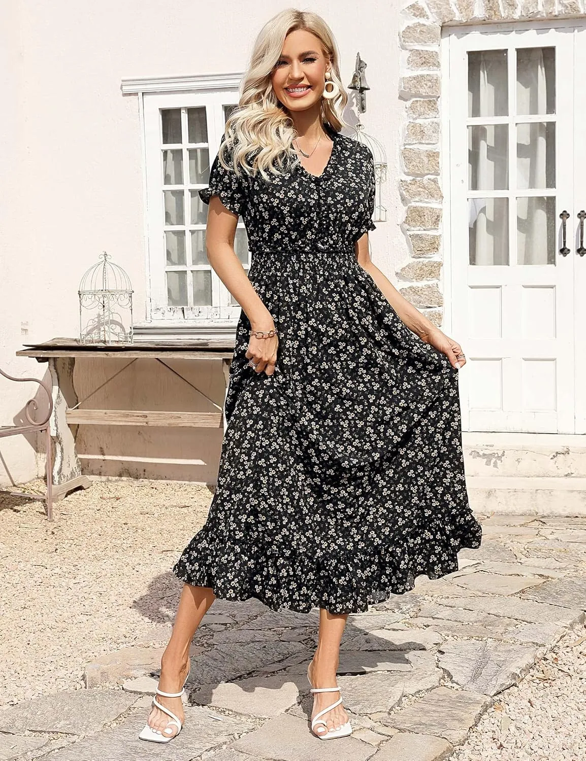 MISSKY Casual V Neck Boho Floral Print Wedding Guest Maxi Dresses for Women Bohemian Flowy Maxi Dress