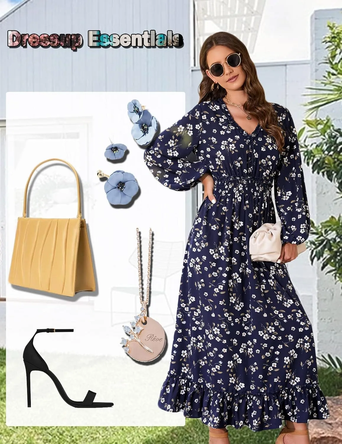 MISSKY Casual V Neck Boho Floral Print Wedding Guest Maxi Dresses for Women Bohemian Flowy Maxi Dress