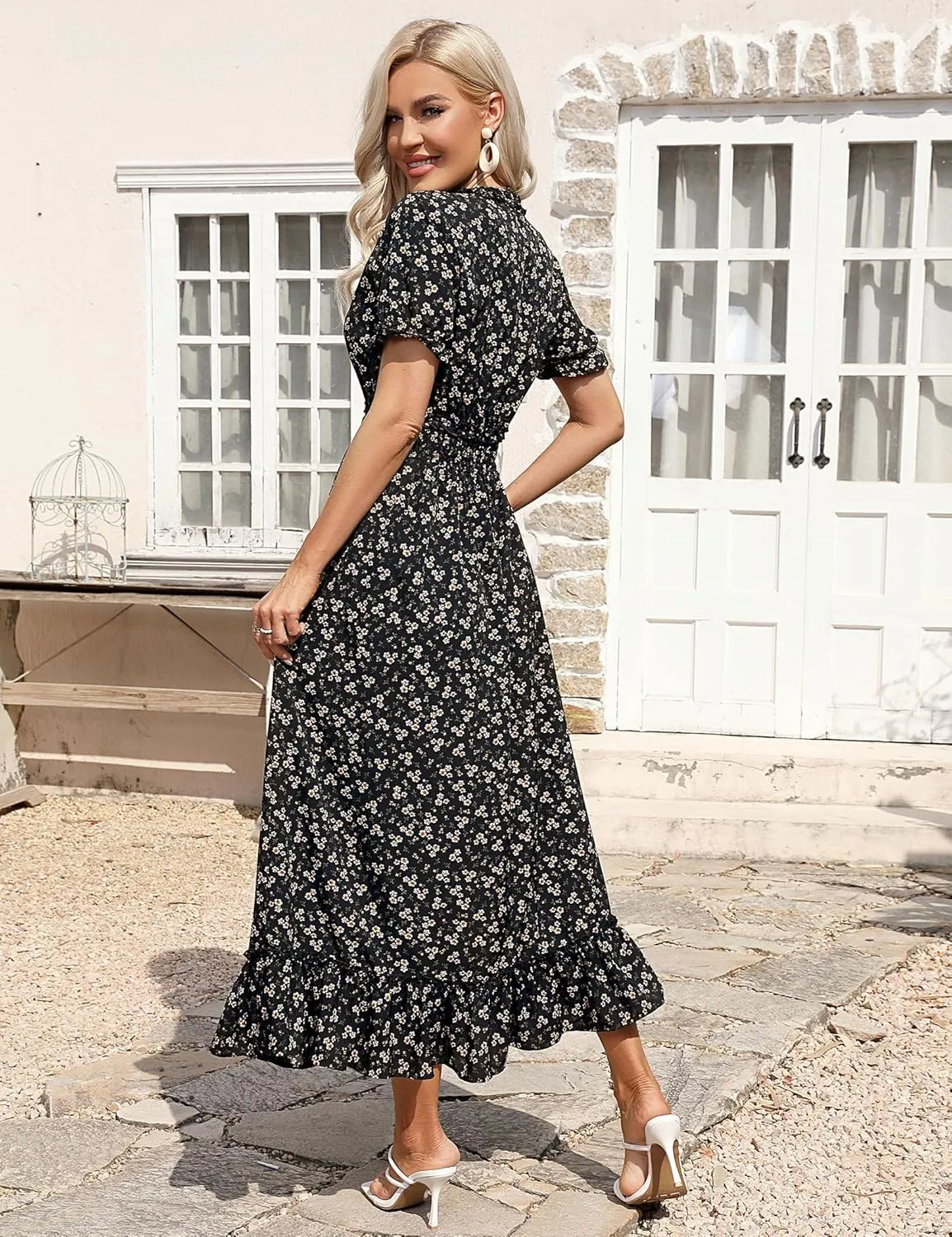 MISSKY Casual V Neck Boho Floral Print Wedding Guest Maxi Dresses for Women Bohemian Flowy Maxi Dress