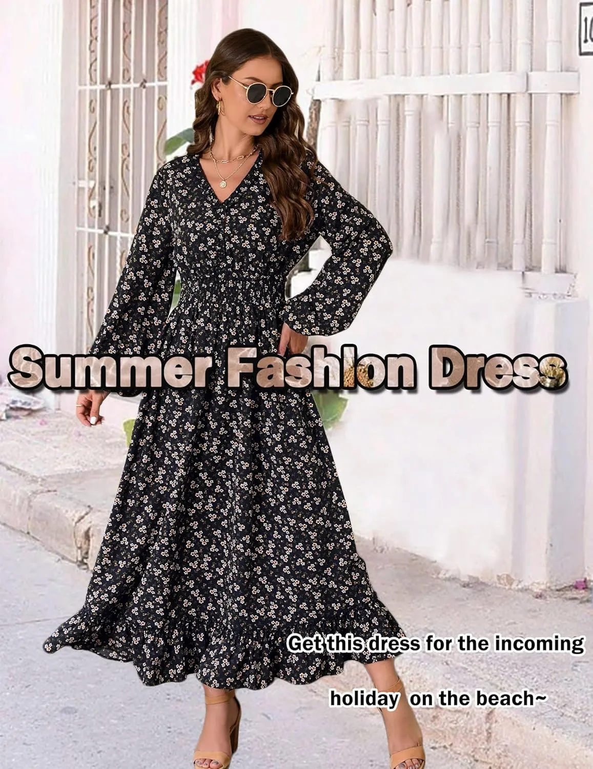 MISSKY Casual V Neck Boho Floral Print Wedding Guest Maxi Dresses for Women Bohemian Flowy Maxi Dress