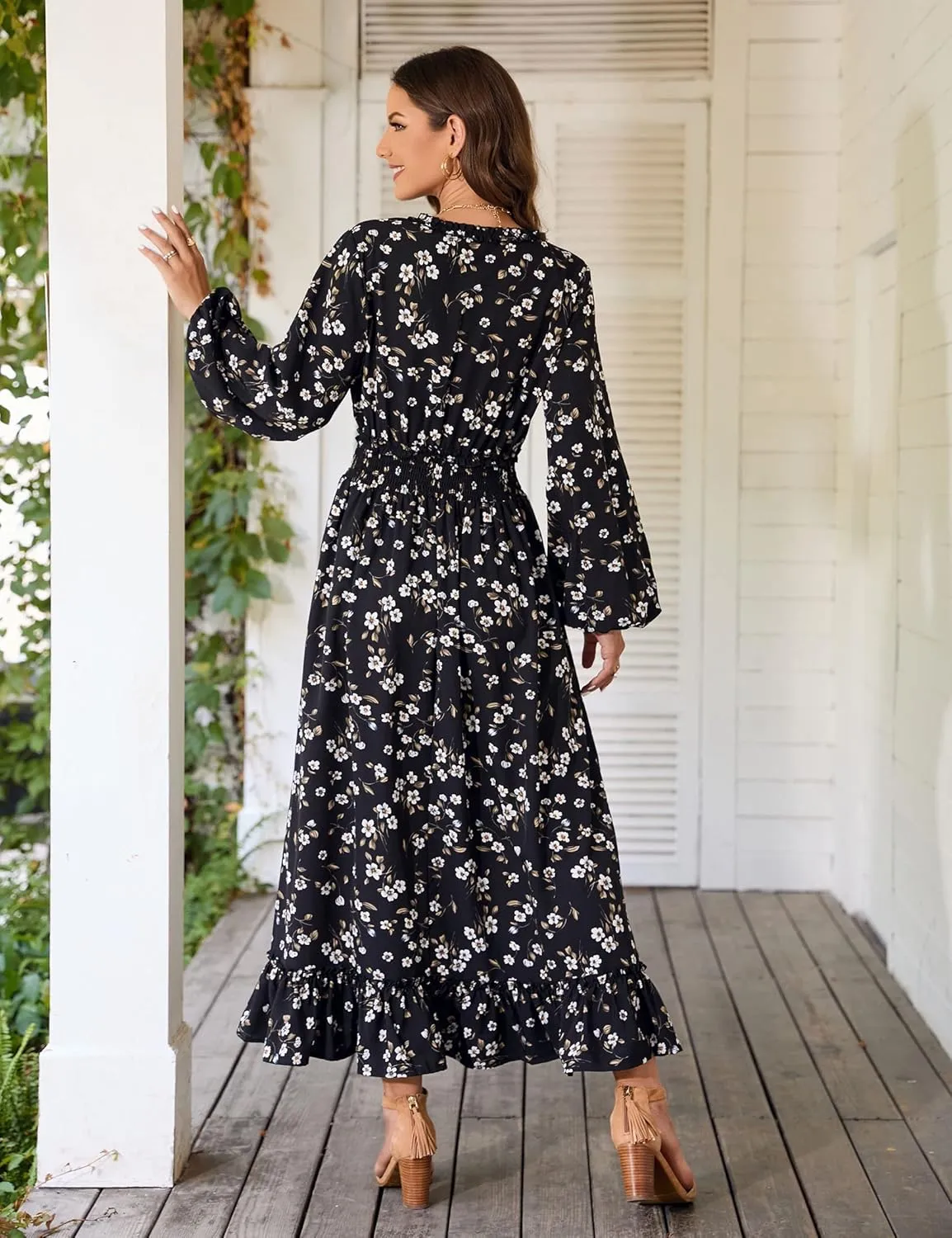 MISSKY Casual V Neck Boho Floral Print Wedding Guest Maxi Dresses for Women Bohemian Flowy Maxi Dress