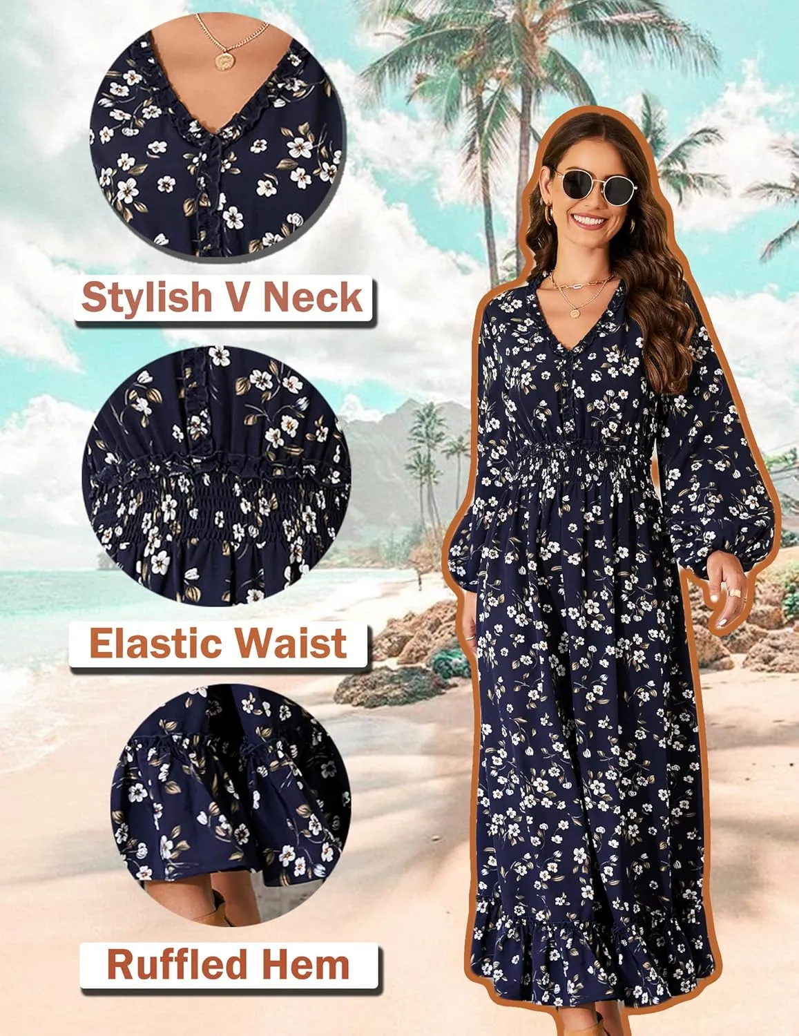 MISSKY Casual V Neck Boho Floral Print Wedding Guest Maxi Dresses for Women Bohemian Flowy Maxi Dress