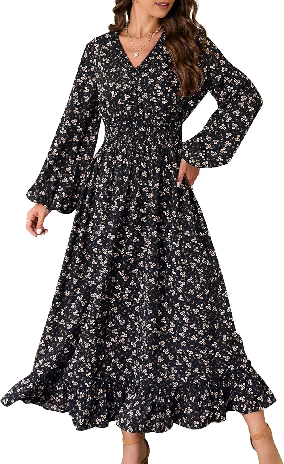 MISSKY Casual V Neck Boho Floral Print Wedding Guest Maxi Dresses for Women Bohemian Flowy Maxi Dress