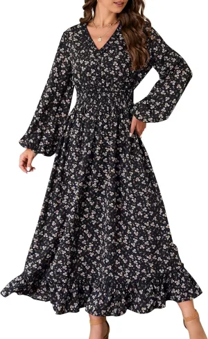 MISSKY Casual V Neck Boho Floral Print Wedding Guest Maxi Dresses for Women Bohemian Flowy Maxi Dress