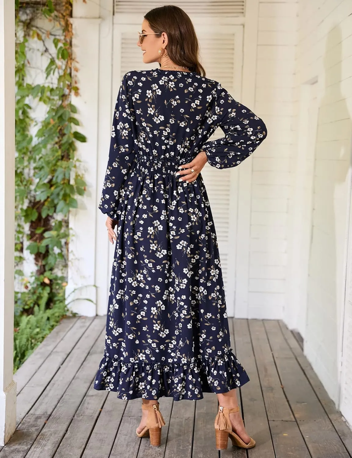 MISSKY Casual V Neck Boho Floral Print Wedding Guest Maxi Dresses for Women Bohemian Flowy Maxi Dress