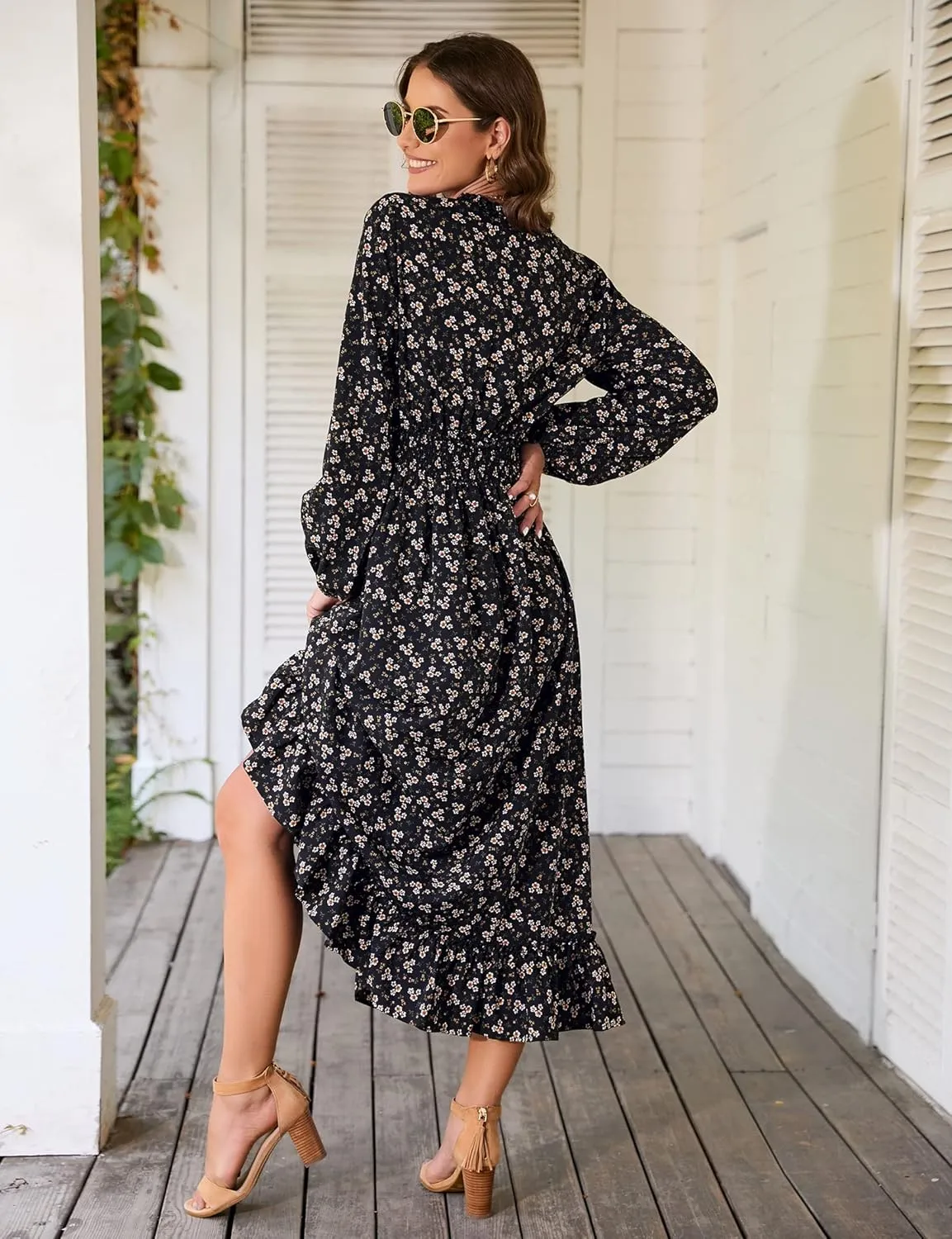 MISSKY Casual V Neck Boho Floral Print Wedding Guest Maxi Dresses for Women Bohemian Flowy Maxi Dress