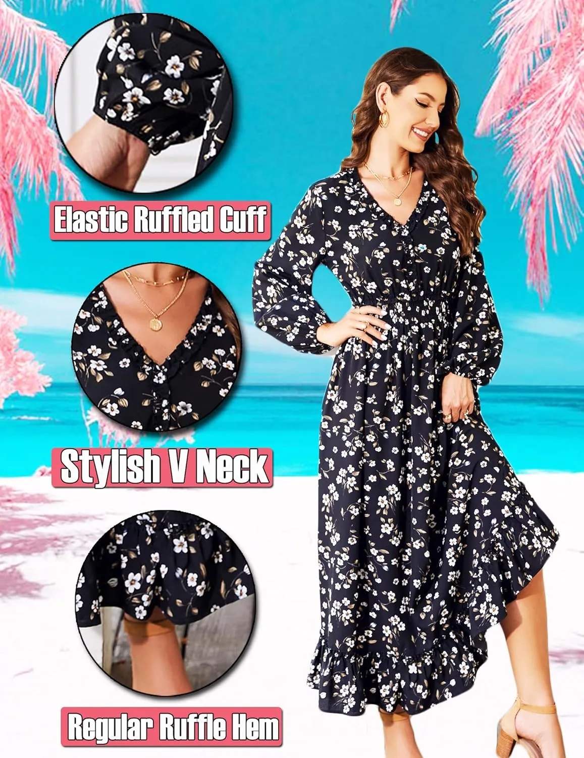 MISSKY Casual V Neck Boho Floral Print Wedding Guest Maxi Dresses for Women Bohemian Flowy Maxi Dress