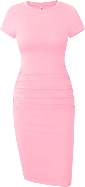 Missufe Women's Short Sleeve Ruched Casual Sundress Midi Bodycon T Shirt Dress