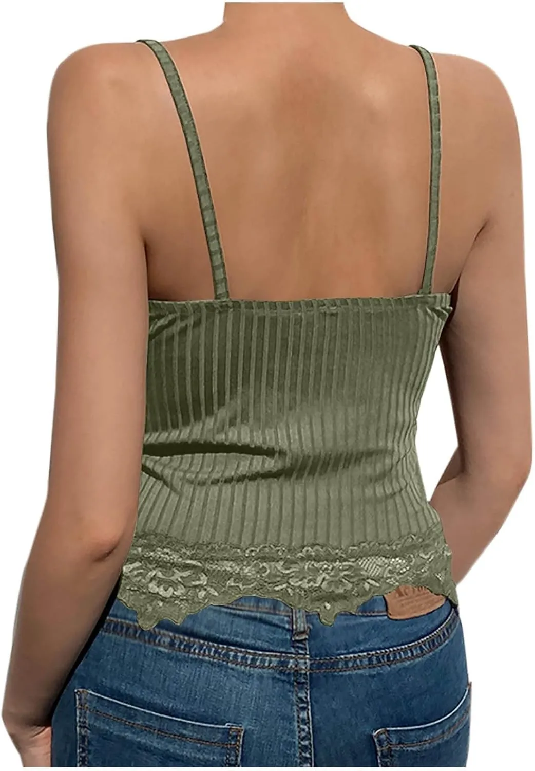 Miyaomn Women's Lace V-Neck Crop Tank Tops Ribbed Seamless Cami Top Crochet Knit Vest Sexy Sleeveless Sheer Mesh Y2k Clothing