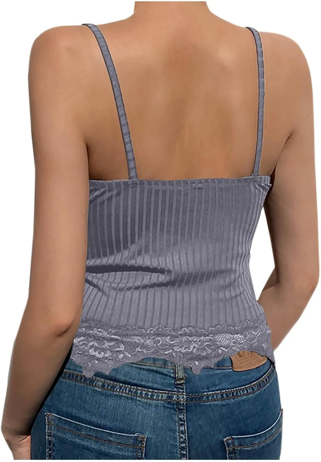 Miyaomn Women's Lace V-Neck Crop Tank Tops Ribbed Seamless Cami Top Crochet Knit Vest Sexy Sleeveless Sheer Mesh Y2k Clothing
