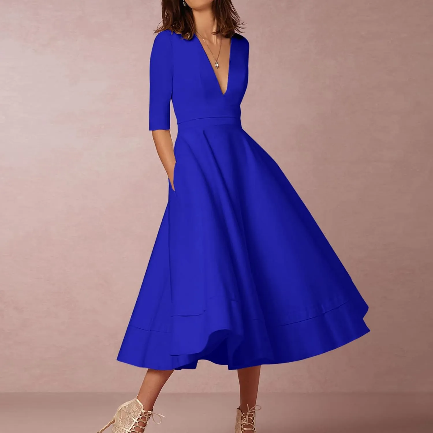NaRHbrg Women's Sexy Deep V Neck Maxi Dress 3/4 Sleeve Ruched Evening Party Dress High Waist Flowy Wedding Guest Dresses