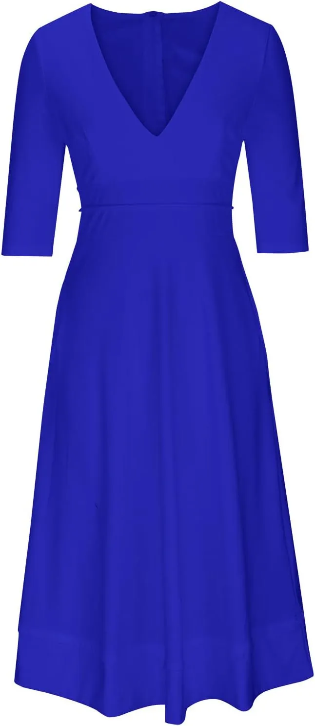 NaRHbrg Women's Sexy Deep V Neck Maxi Dress 3/4 Sleeve Ruched Evening Party Dress High Waist Flowy Wedding Guest Dresses