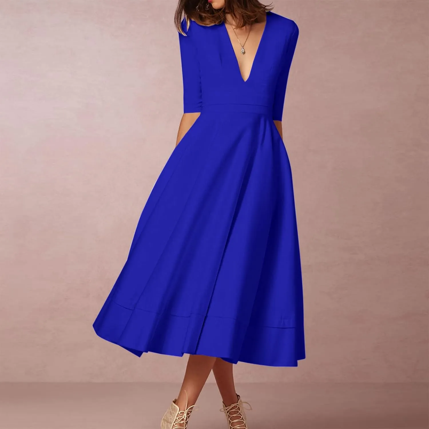 NaRHbrg Women's Sexy Deep V Neck Maxi Dress 3/4 Sleeve Ruched Evening Party Dress High Waist Flowy Wedding Guest Dresses