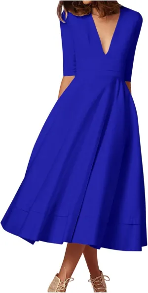 NaRHbrg Women's Sexy Deep V Neck Maxi Dress 3/4 Sleeve Ruched Evening Party Dress High Waist Flowy Wedding Guest Dresses