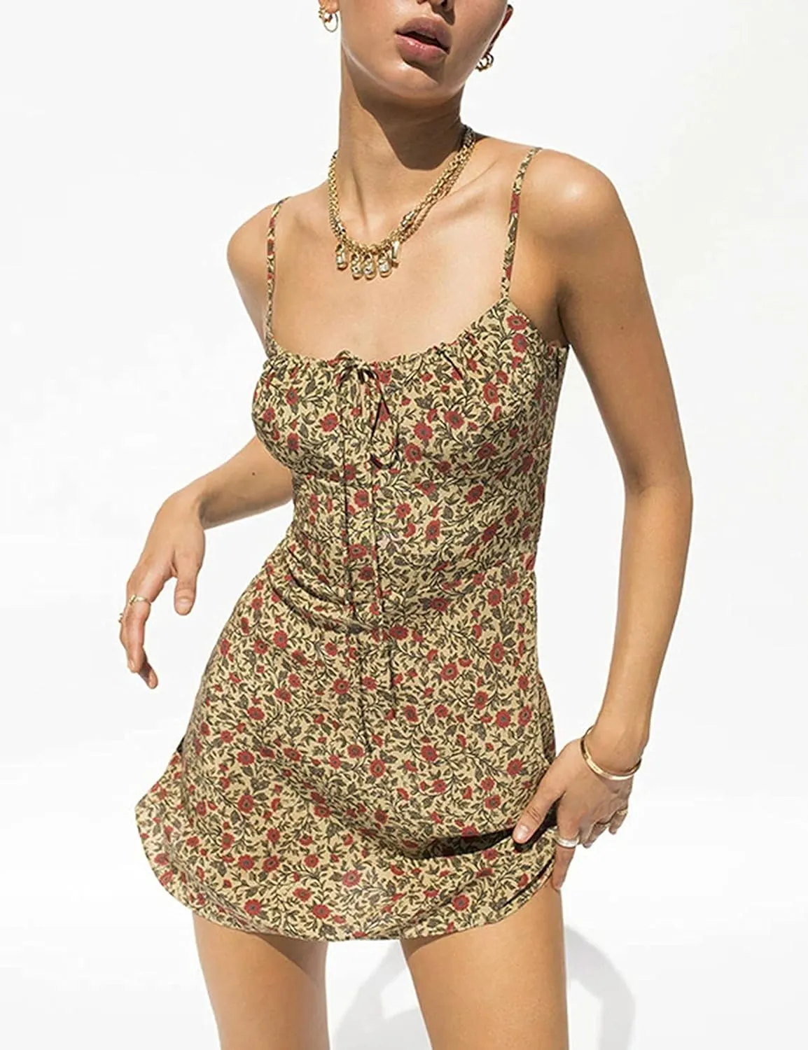 Omoone Womens Floral Dress Low-Cut Square Neck Spaghetti Strap Tie Bodycorn 90s Y2k Sun Dresses