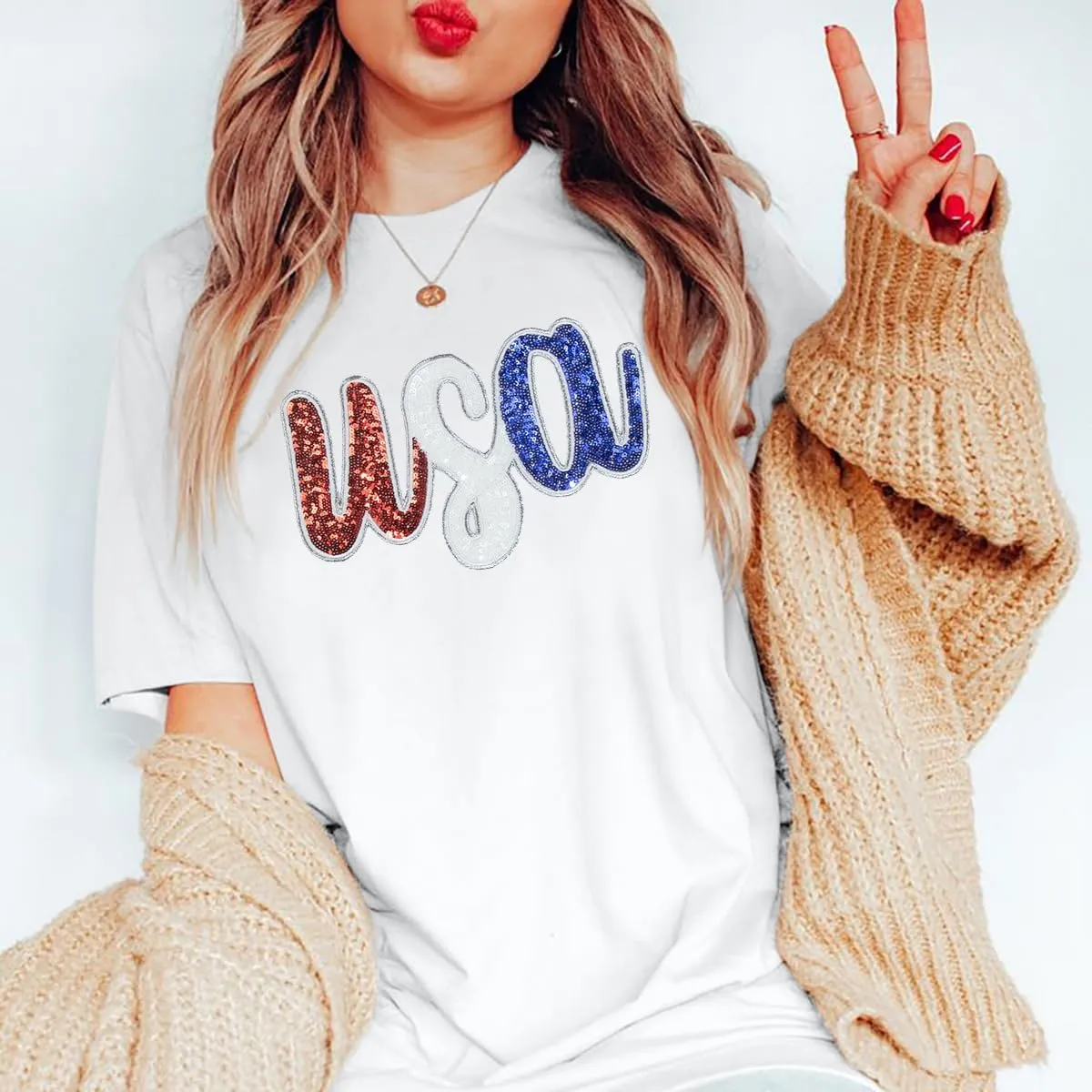 Oversized USA Shirt Women American Flag T-Shirt 4th of July Memorial Gift Tee USA Sequin Patriotic American Proud Tops