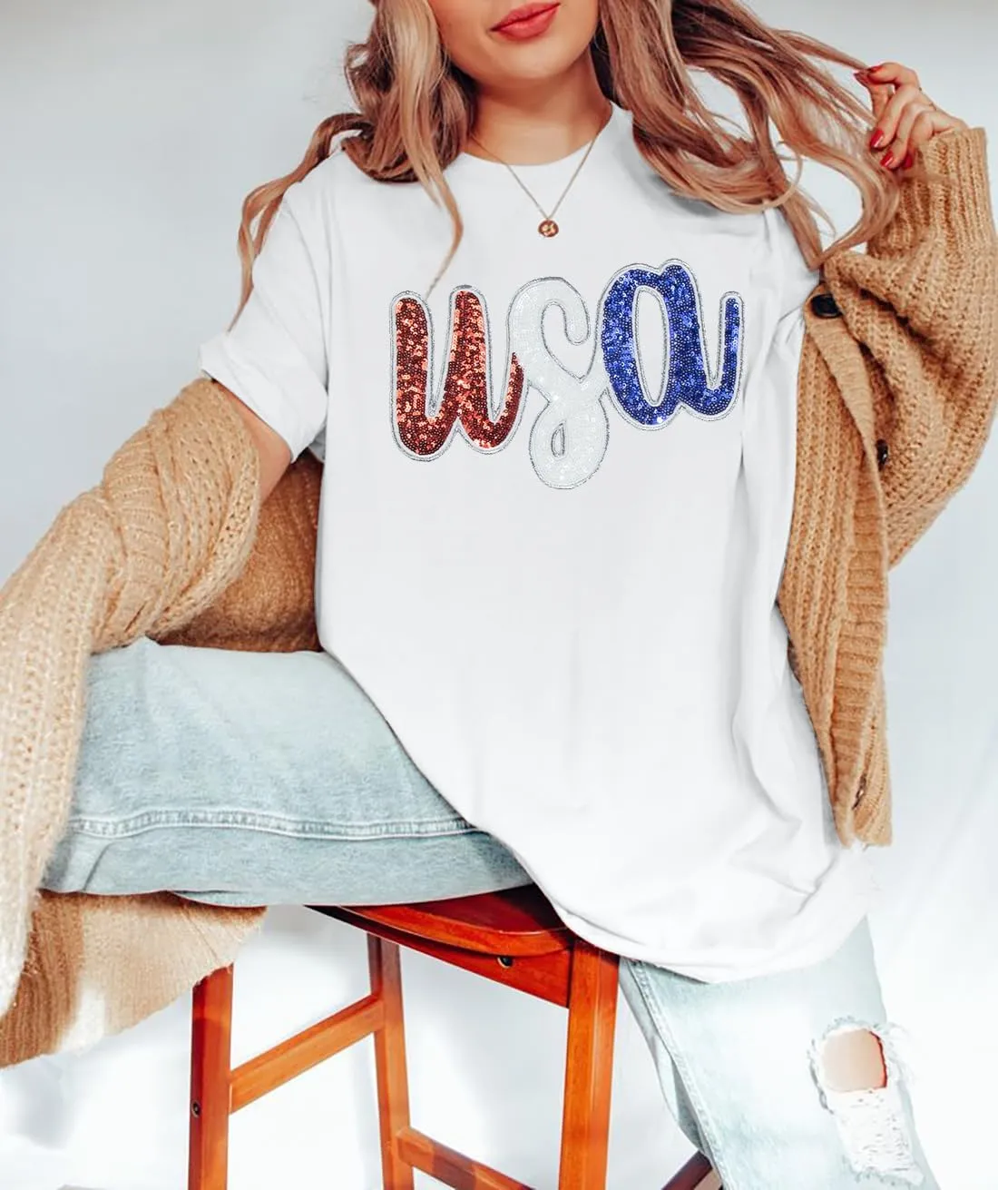 Oversized USA Shirt Women American Flag T-Shirt 4th of July Memorial Gift Tee USA Sequin Patriotic American Proud Tops
