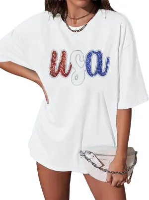 Oversized USA Shirt Women American Flag T-Shirt 4th of July Memorial Gift Tee USA Sequin Patriotic American Proud Tops