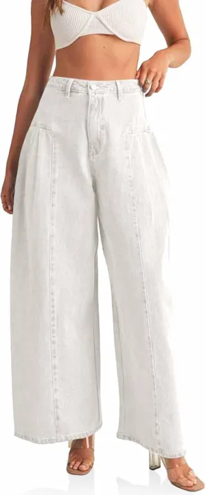 PLNOTME Womens Baggy High Waisted Jeans Loose Boyfriend Wide Leg Side Pleated Denim Pants