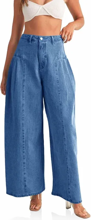 PLNOTME Womens Baggy High Waisted Jeans Loose Boyfriend Wide Leg Side Pleated Denim Pants