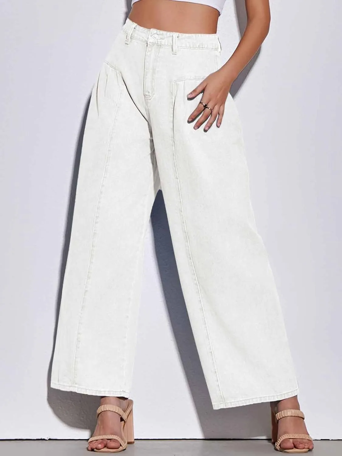 PLNOTME Womens Baggy High Waisted Jeans Loose Boyfriend Wide Leg Side Pleated Denim Pants