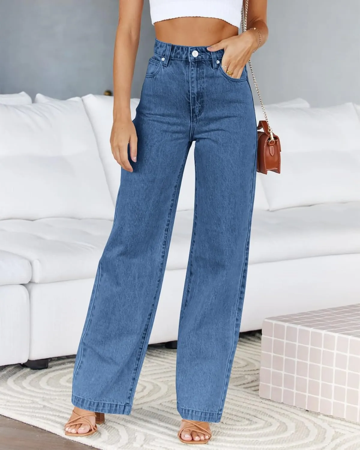 PLNOTME Women's High Waisted Jeans Boyfriend Baggy Straight Leg Casual Denim Pants