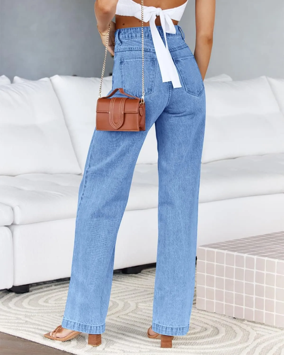 PLNOTME Women's High Waisted Jeans Boyfriend Baggy Straight Leg Casual Denim Pants