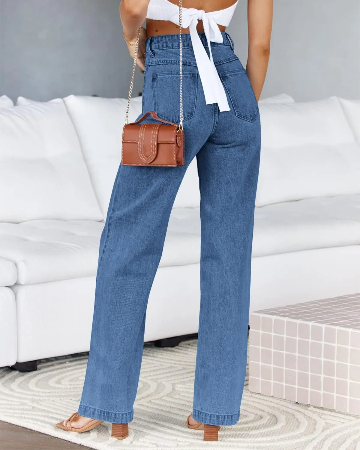 PLNOTME Women's High Waisted Jeans Boyfriend Baggy Straight Leg Casual Denim Pants