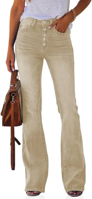 PLNOTME Womens High Waisted Jeans Boyfriend Flare Casual Stretch Bootcut Denim Pants