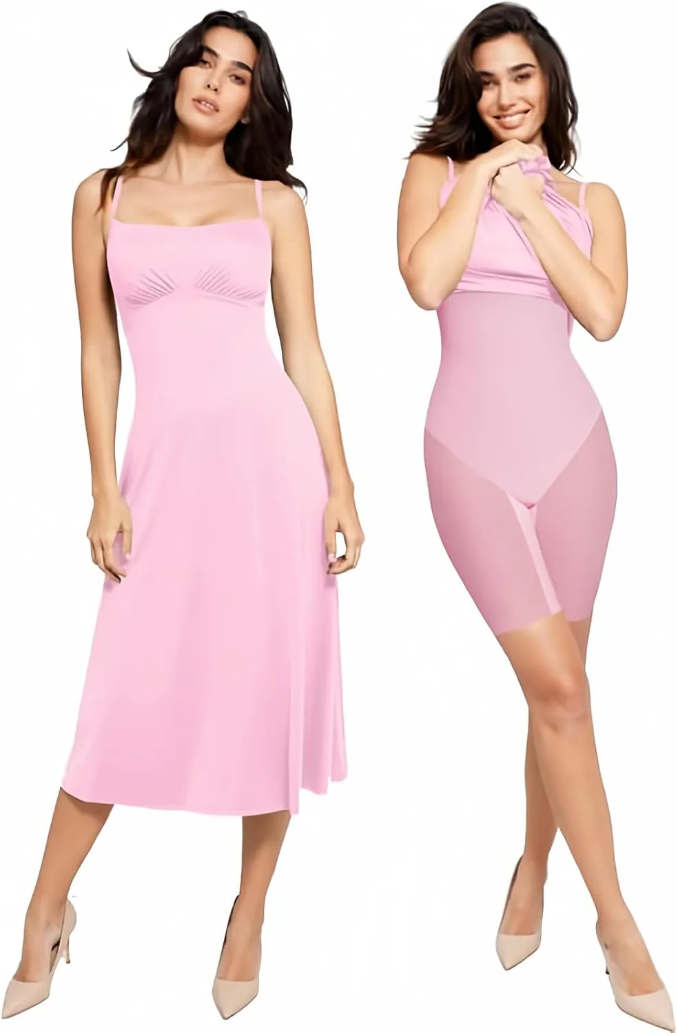 Popilush Shapewear Dress Built in Bra Adjustable Straps Square Neck Summer Formal A-Line Slip Midi Dresses for Women