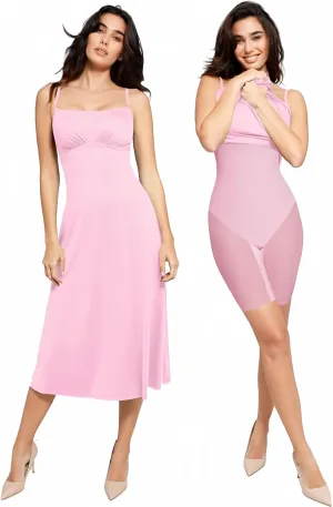 Popilush Shapewear Dress Built in Bra Adjustable Straps Square Neck Summer Formal A-Line Slip Midi Dresses for Women