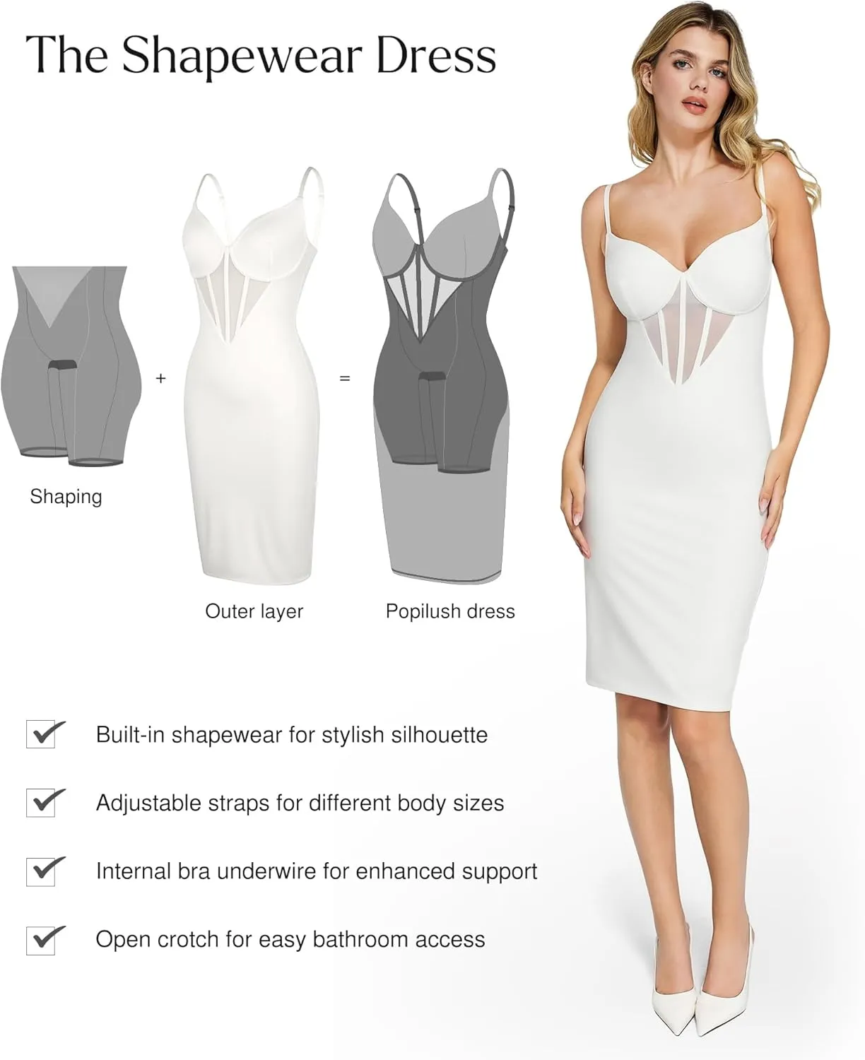 Popilush Shapewear Dress Corset Dress Mesh Bodycon Dresses for Women Slip Dress Party Midi Dresses Club Outfits