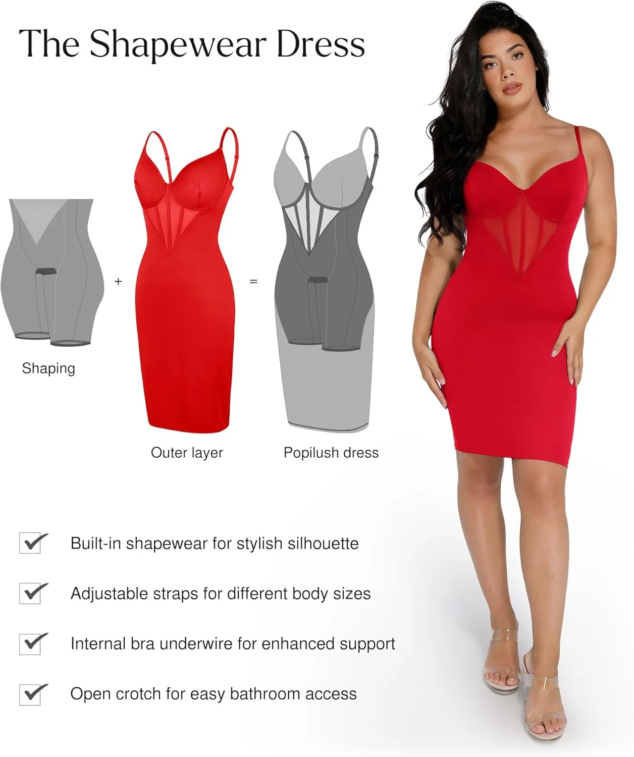 Popilush Shapewear Dress Corset Dress Mesh Bodycon Dresses for Women Slip Dress Party Midi Dresses Club Outfits