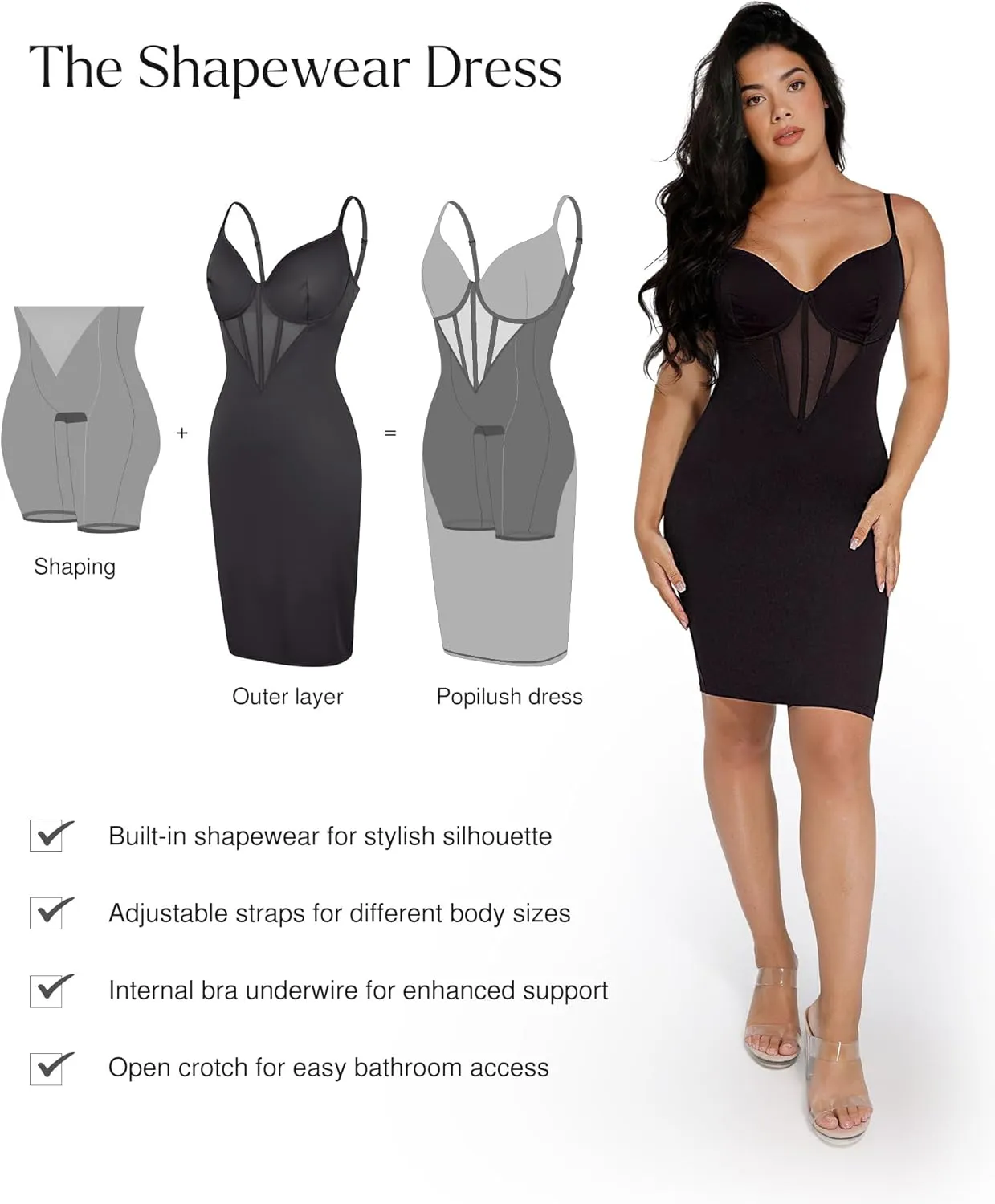 Popilush Shapewear Dress Corset Dress Mesh Bodycon Dresses for Women Slip Dress Party Midi Dresses Club Outfits