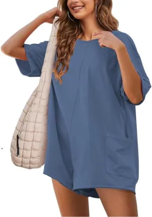 Rompers for Women Summer Oversized Shirt Short Sleeve Jumpsuit Athletic Workout Reversible Hot Shot Tee Pockets