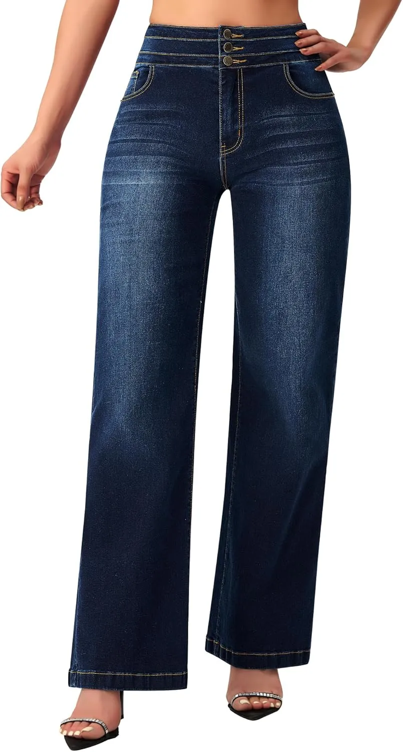 roswear Women's Wide Leg High Waisted Jeans Stretchy Trendy Denim Jeans